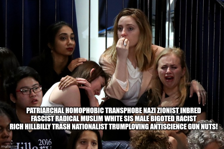 Liberals Crying | PATRIARCHAL HOMOPHOBIC TRANSPHOBE NAZI ZIONIST INBRED FASCIST RADICAL MUSLIM WHITE SIS MALE BIGOTED RACIST RICH HILLBILLY TRASH NATIONALIST  | image tagged in liberals crying | made w/ Imgflip meme maker