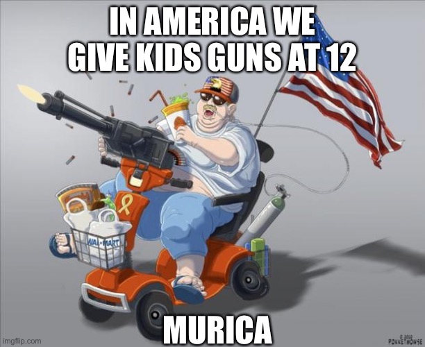 MURICA | IN AMERICA WE GIVE KIDS GUNS AT 12; MURICA | image tagged in murica | made w/ Imgflip meme maker