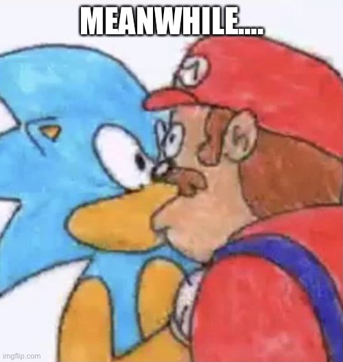 sonic and mario kissing | MEANWHILE…. | image tagged in sonic and mario kissing | made w/ Imgflip meme maker