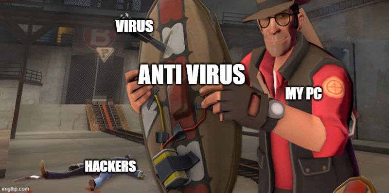 pc | VIRUS; ANTI VIRUS; MY PC; HACKERS | image tagged in tf2 sniper,oh wow are you actually reading these tags | made w/ Imgflip meme maker