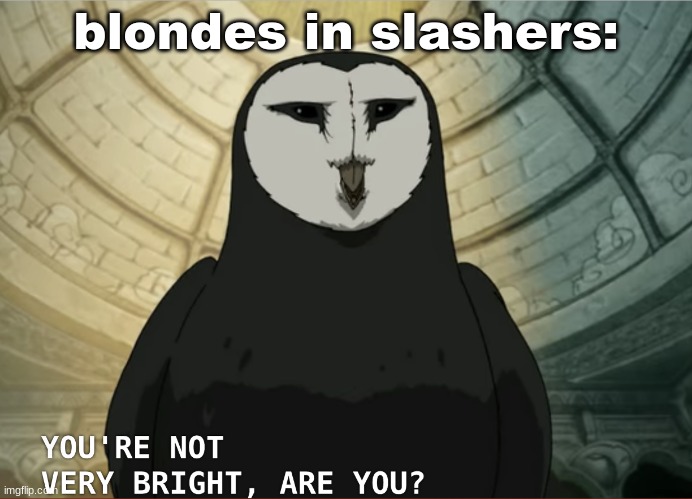 You're not very bright, are you? | blondes in slashers: | image tagged in you're not very bright are you | made w/ Imgflip meme maker