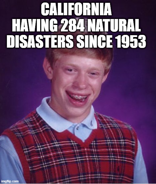 another day at California | CALIFORNIA HAVING 284 NATURAL DISASTERS SINCE 1953 | image tagged in memes,bad luck brian | made w/ Imgflip meme maker