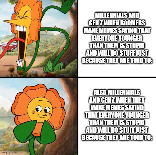 angry flower | MILLENNIALS AND GEN Z WHEN BOOMERS MAKE MEMES SAYING THAT EVERYONE YOUNGER THAN THEM IS STUPID AND WILL DO STUFF JUST BECAUSE THEY ARE TOLD TO:; ALSO MILLENNIALS AND GEN Z WHEN THEY MAKE MEMES SAYING THAT EVERYONE YOUNGER THAN THEM IS STUPID AND WILL DO STUFF JUST BECAUSE THEY ARE TOLD TO: | image tagged in angry flower | made w/ Imgflip meme maker