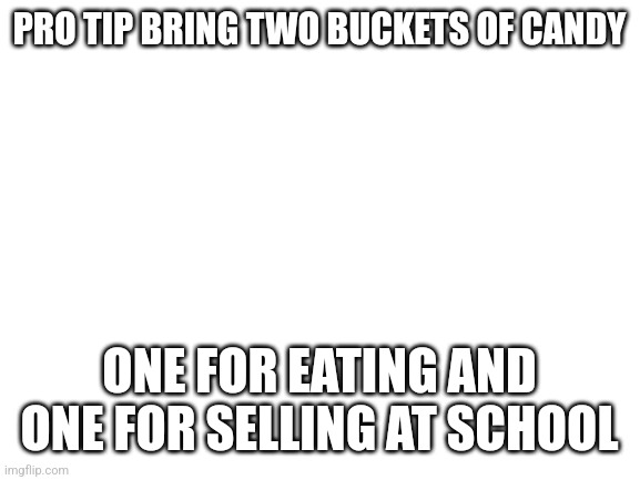 Do it | PRO TIP BRING TWO BUCKETS OF CANDY; ONE FOR EATING AND ONE FOR SELLING AT SCHOOL | image tagged in blank white template | made w/ Imgflip meme maker