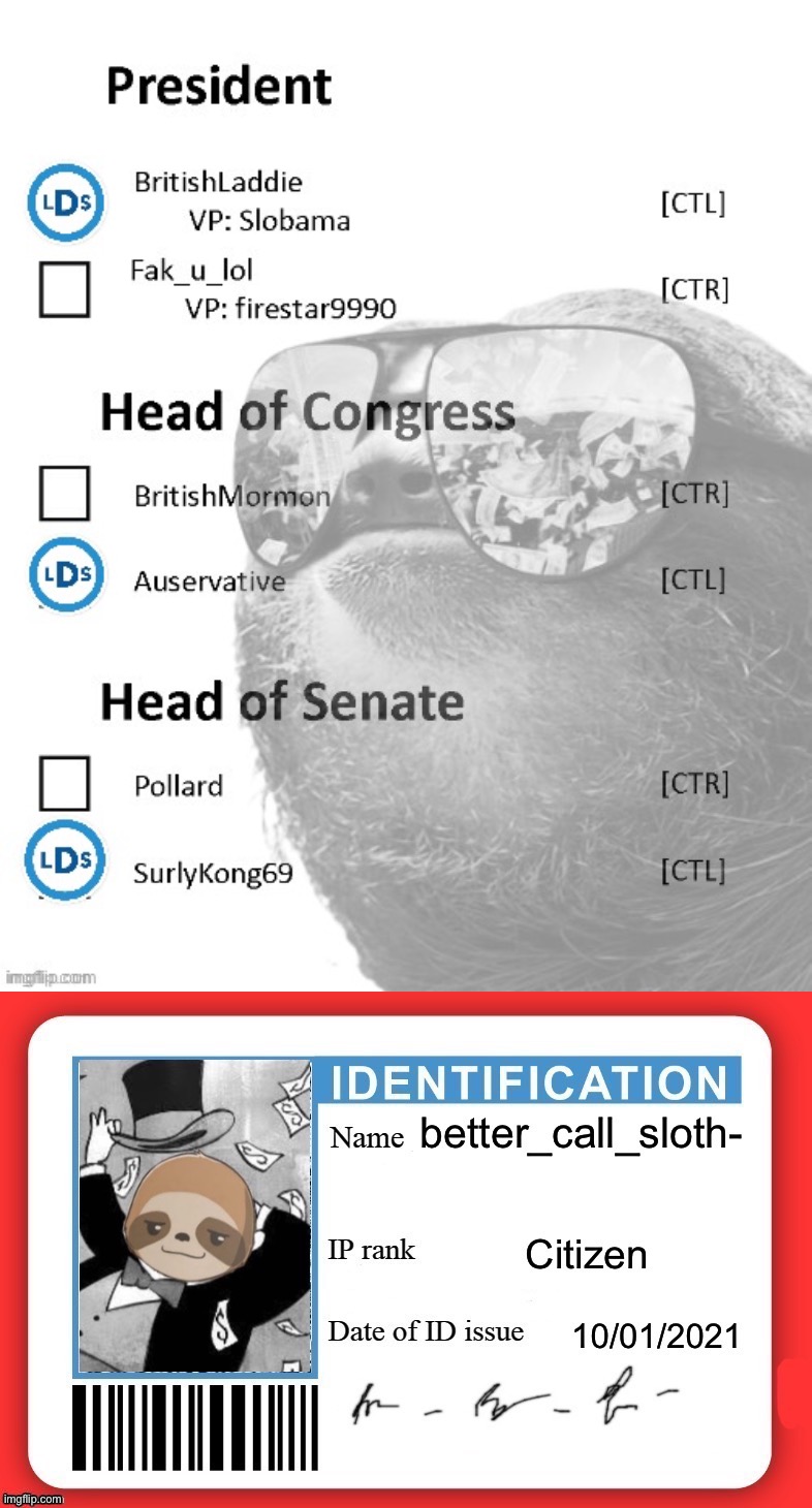 CTL sample ballot [Sloth’s Version] | image tagged in sloth id card | made w/ Imgflip meme maker