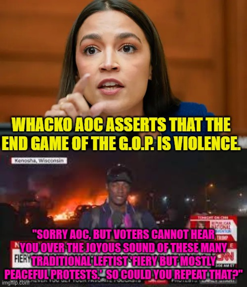Being a leftist means to never let facts interfere with your own stupidity. | WHACKO AOC ASSERTS THAT THE END GAME OF THE G.O.P. IS VIOLENCE. "SORRY AOC, BUT VOTERS CANNOT HEAR YOU OVER THE JOYOUS SOUND OF THESE MANY TRADITIONAL LEFTIST 'FIERY BUT MOSTLY PEACEFUL PROTESTS.'  SO COULD YOU REPEAT THAT?" | image tagged in aoc | made w/ Imgflip meme maker