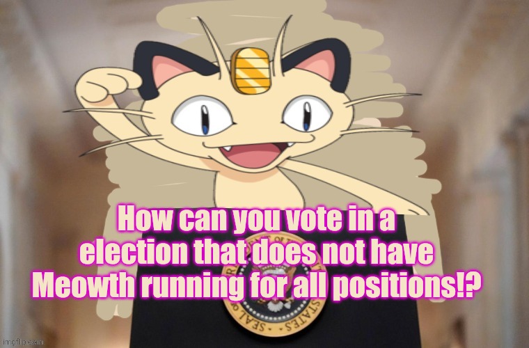 Meowth party | How can you vote in a election that does not have Meowth running for all positions!? | image tagged in meowth party | made w/ Imgflip meme maker