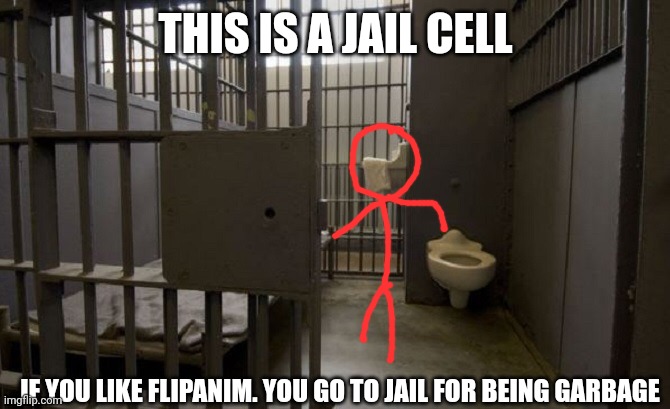 Jail cell | THIS IS A JAIL CELL; IF YOU LIKE FLIPANIM. YOU GO TO JAIL FOR BEING GARBAGE | image tagged in jail cell,jail | made w/ Imgflip meme maker