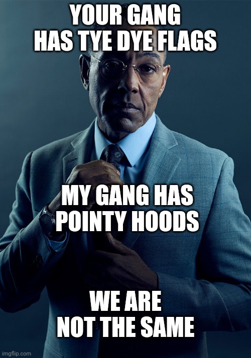 Beans. | YOUR GANG HAS TYE DYE FLAGS; MY GANG HAS POINTY HOODS; WE ARE NOT THE SAME | image tagged in gus fring we are not the same,dark humor,memes | made w/ Imgflip meme maker