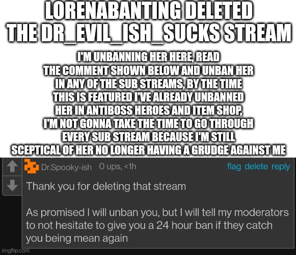 She wasn't even banned there lol, might not be banned in any of the other sub streams | LORENABANTING DELETED THE DR_EVIL_ISH_SUCKS STREAM; I'M UNBANNING HER HERE, READ THE COMMENT SHOWN BELOW AND UNBAN HER IN ANY OF THE SUB STREAMS, BY THE TIME THIS IS FEATURED I'VE ALREADY UNBANNED HER IN ANTIBOSS HEROES AND ITEM SHOP, I'M NOT GONNA TAKE THE TIME TO GO THROUGH EVERY SUB STREAM BECAUSE I'M STILL SCEPTICAL OF HER NO LONGER HAVING A GRUDGE AGAINST ME | image tagged in blank white template | made w/ Imgflip meme maker