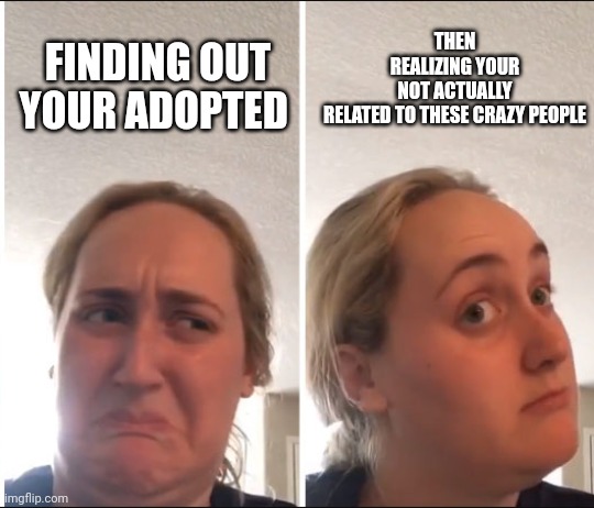 Kombucha Girl | THEN REALIZING YOUR NOT ACTUALLY RELATED TO THESE CRAZY PEOPLE; FINDING OUT YOUR ADOPTED | image tagged in kombucha girl | made w/ Imgflip meme maker