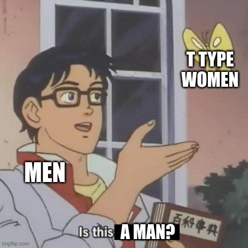 T Type disagreeableness | T TYPE WOMEN; MEN; A MAN? | image tagged in is this a butterfly,mbti,myers briggs,personality,memes,thinkers | made w/ Imgflip meme maker