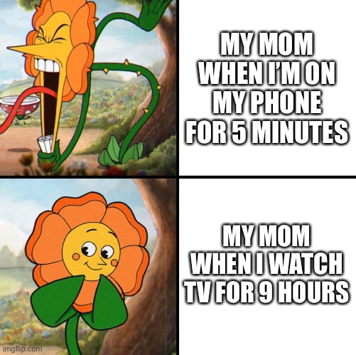 angry flower | MY MOM WHEN I’M ON MY PHONE FOR 5 MINUTES; MY MOM WHEN I WATCH TV FOR 9 HOURS | image tagged in angry flower,moms,relatable | made w/ Imgflip meme maker