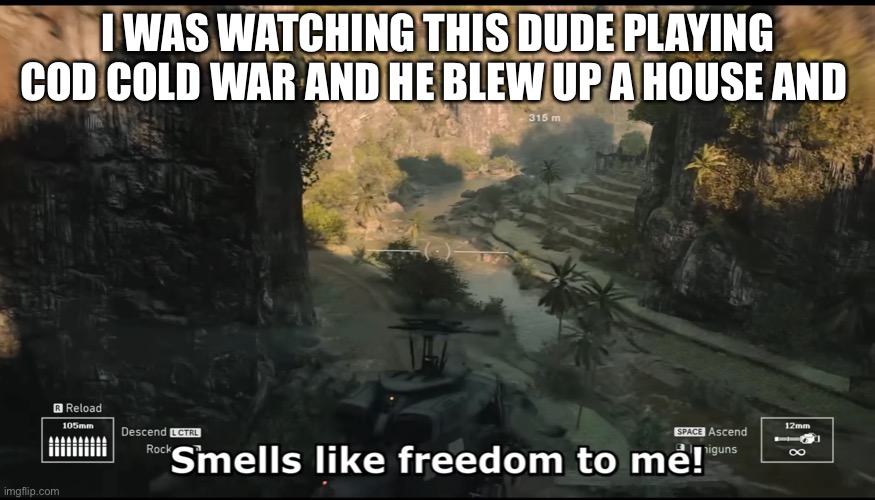 Smells like freedom to me | I WAS WATCHING THIS DUDE PLAYING COD COLD WAR AND HE BLEW UP A HOUSE AND | image tagged in smells like freedom to me | made w/ Imgflip meme maker