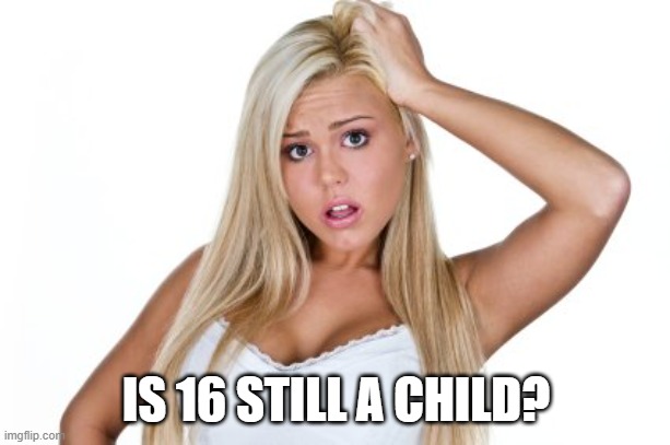 Dumb Blonde | IS 16 STILL A CHILD? | image tagged in dumb blonde | made w/ Imgflip meme maker