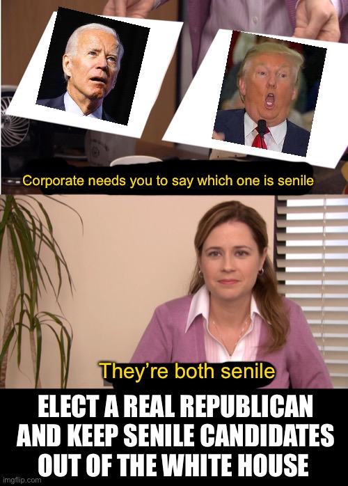 They're The Same Picture Meme | Corporate needs you to say which one is senile They’re both senile ELECT A REAL REPUBLICAN AND KEEP SENILE CANDIDATES OUT OF THE WHITE HOUSE | image tagged in memes,they're the same picture | made w/ Imgflip meme maker