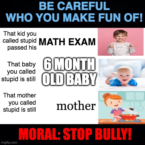 Be Careful Of Who You Make Fun Of | BE CAREFUL WHO YOU MAKE FUN OF! That kid you
called stupid
passed his; MATH EXAM; 6 MONTH
OLD BABY; That baby
you called stupid is still; mother; That mother you called stupid is still; MORAL: STOP BULLY! | image tagged in memes,funny,original meme,blank white template,motivation,school | made w/ Imgflip meme maker