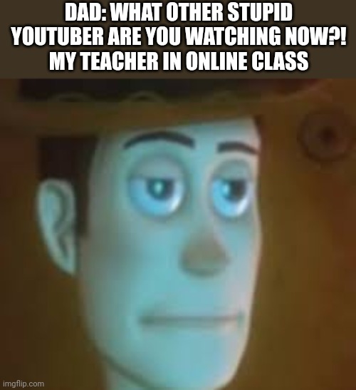 Yes | DAD: WHAT OTHER STUPID YOUTUBER ARE YOU WATCHING NOW?!
MY TEACHER IN ONLINE CLASS | image tagged in disappointed woody | made w/ Imgflip meme maker