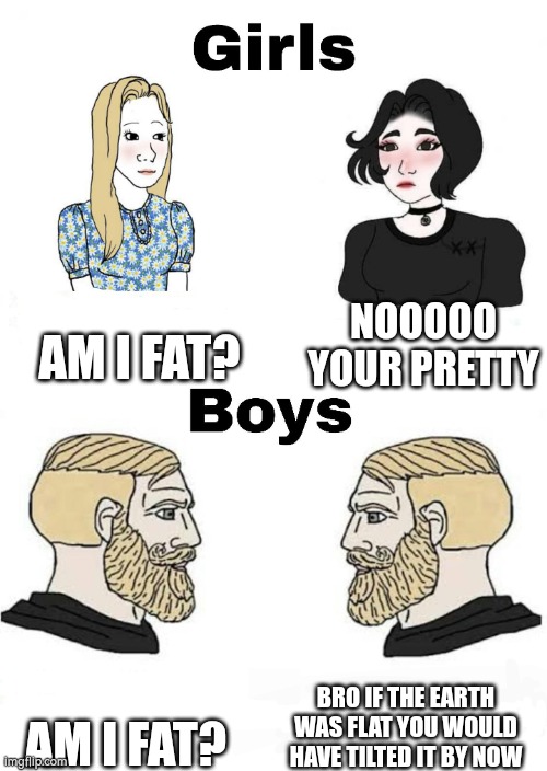 Girls vs Boys | AM I FAT? NOOOOO YOUR PRETTY; BRO IF THE EARTH WAS FLAT YOU WOULD HAVE TILTED IT BY NOW; AM I FAT? | image tagged in girls vs boys,idk,flat earth,earth,fat | made w/ Imgflip meme maker
