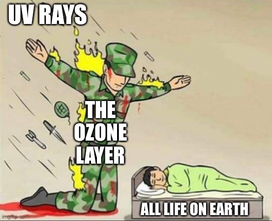 I used this in my science ppt | UV RAYS; THE OZONE LAYER; ALL LIFE ON EARTH | image tagged in soldier protecting sleeping child | made w/ Imgflip meme maker