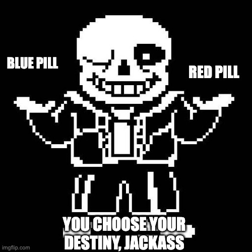 Jackass | RED PILL; BLUE PILL; YOU CHOOSE YOUR DESTINY, JACKASS | image tagged in sans undertale | made w/ Imgflip meme maker