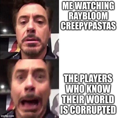 Robert Downey Jr. Screaming | ME WATCHING RAYBLOOM CREEPYPASTAS; THE PLAYERS WHO KNOW THEIR WORLD IS CORRUPTED | image tagged in robert downey jr screaming | made w/ Imgflip meme maker