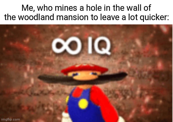 Infinite IQ | Me, who mines a hole in the wall of the woodland mansion to leave a lot quicker: | image tagged in infinite iq | made w/ Imgflip meme maker