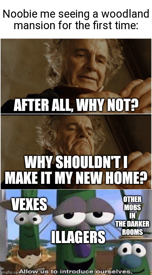 Noobie me seeing a woodland mansion for the first time:; AFTER ALL, WHY NOT? WHY SHOULDN'T I MAKE IT MY NEW HOME? OTHER MOBS IN THE DARKER ROOMS; VEXES; ILLAGERS | image tagged in bilbo - why shouldn t i keep it,veggietales 'allow us to introduce ourselfs',minecraft,memes | made w/ Imgflip meme maker
