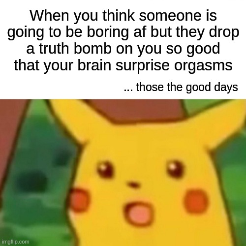 People of Quality | When you think someone is
going to be boring af but they drop
a truth bomb on you so good
that your brain surprise orgasms; ... those the good days | image tagged in memes,surprised pikachu,myers briggs,surprise,boring,truth | made w/ Imgflip meme maker