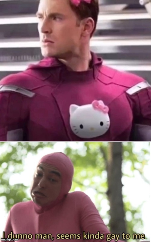 iron men in hello kitty suit | image tagged in i dunno man seems kinda gay to me | made w/ Imgflip meme maker
