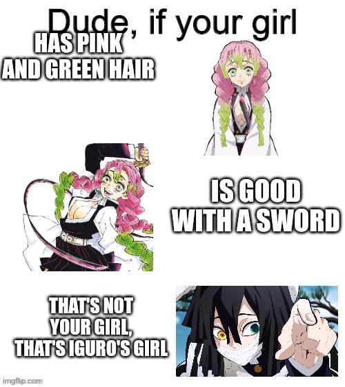 Don't mess with Iguro Obanai | HAS PINK AND GREEN HAIR; IS GOOD WITH A SWORD; THAT'S NOT YOUR GIRL, THAT'S IGURO'S GIRL | image tagged in dude if your girl,demon slayer | made w/ Imgflip meme maker