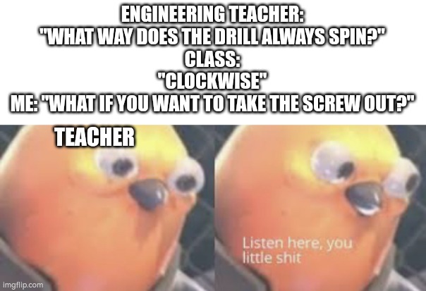 Listen here you little shit bird | ENGINEERING TEACHER:
"WHAT WAY DOES THE DRILL ALWAYS SPIN?"
CLASS:
"CLOCKWISE"
ME: "WHAT IF YOU WANT TO TAKE THE SCREW OUT?"; TEACHER | image tagged in listen here you little shit bird,school,relatable,memes,class | made w/ Imgflip meme maker