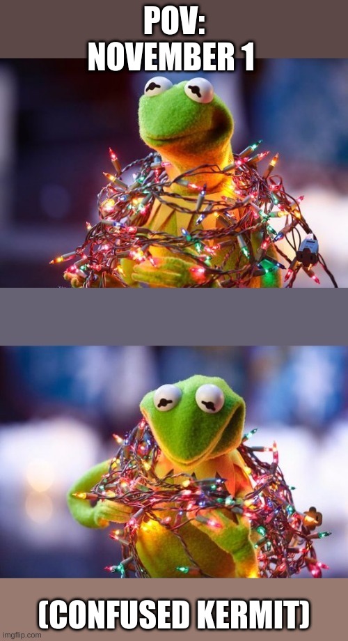 kermit and christmas lights | POV: NOVEMBER 1; (CONFUSED KERMIT) | image tagged in kermit and christmas lights | made w/ Imgflip meme maker