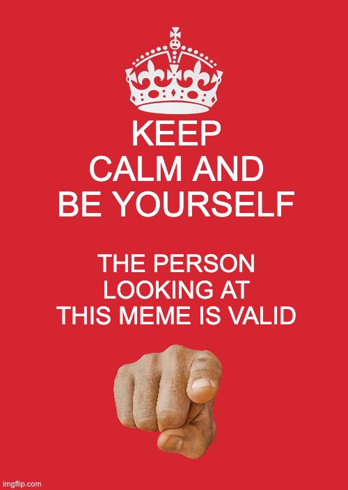 you're valid no matter what people say | KEEP CALM AND BE YOURSELF; THE PERSON LOOKING AT THIS MEME IS VALID | image tagged in memes,keep calm and carry on red,spreadthemessage,bekind | made w/ Imgflip meme maker