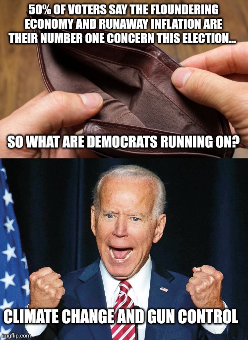 Do democrats really think when you have $100 in the bank and your job is threatened, your only thought is buying an EV??! | 50% OF VOTERS SAY THE FLOUNDERING ECONOMY AND RUNAWAY INFLATION ARE THEIR NUMBER ONE CONCERN THIS ELECTION... SO WHAT ARE DEMOCRATS RUNNING ON? CLIMATE CHANGE AND GUN CONTROL | image tagged in empty wallet,crazy joe biden,money,economy,liberal logic,midterms | made w/ Imgflip meme maker