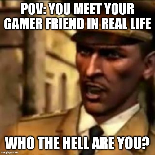 Hmmmm... | POV: YOU MEET YOUR GAMER FRIEND IN REAL LIFE | image tagged in who the hell are you | made w/ Imgflip meme maker
