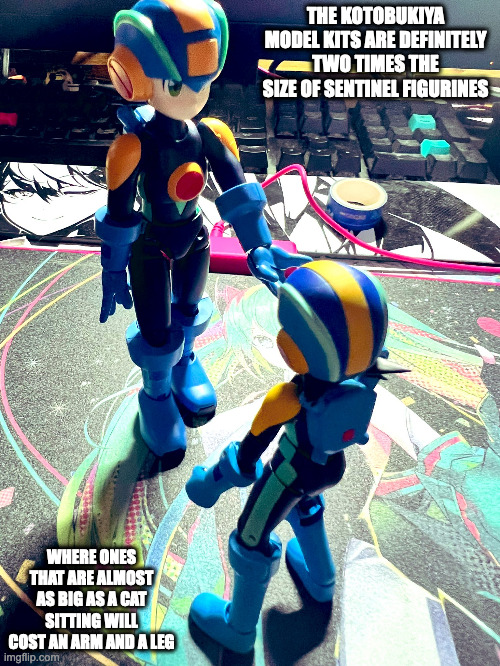 Kotobukiya Battle Network Model Kits Vs. Sentinel Battle Network Figurine | THE KOTOBUKIYA MODEL KITS ARE DEFINITELY TWO TIMES THE SIZE OF SENTINEL FIGURINES; WHERE ONES THAT ARE ALMOST AS BIG AS A CAT SITTING WILL COST AN ARM AND A LEG | image tagged in figurine,megaman,megaman battle network,memes,megamanexe | made w/ Imgflip meme maker