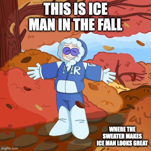 Ice Man With Sweater | THIS IS ICE MAN IN THE FALL; WHERE THE SWEATER MAKES ICE MAN LOOKS GREAT | image tagged in iceman,megaman,memes | made w/ Imgflip meme maker