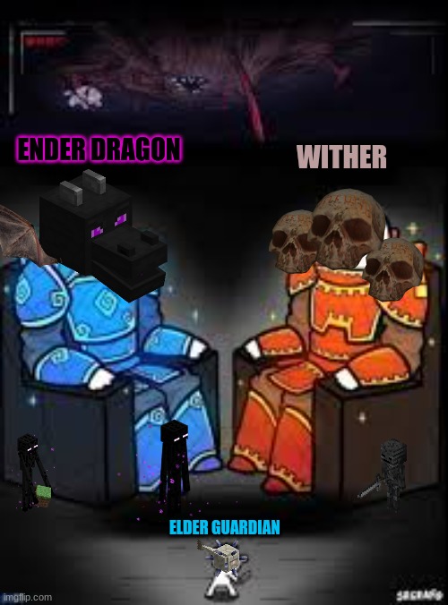 who even fights the elder guardian these days? | ENDER DRAGON; WITHER; ELDER GUARDIAN | image tagged in two kings one guy,minecraft | made w/ Imgflip meme maker