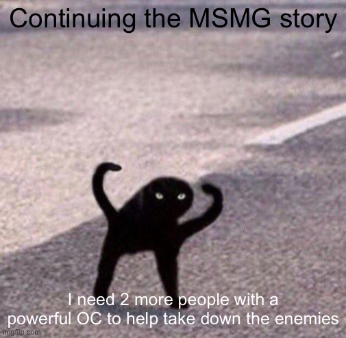 Cursed cat temp | Continuing the MSMG story; I need 2 more people with a powerful OC to help take down the enemies | image tagged in cursed cat temp | made w/ Imgflip meme maker