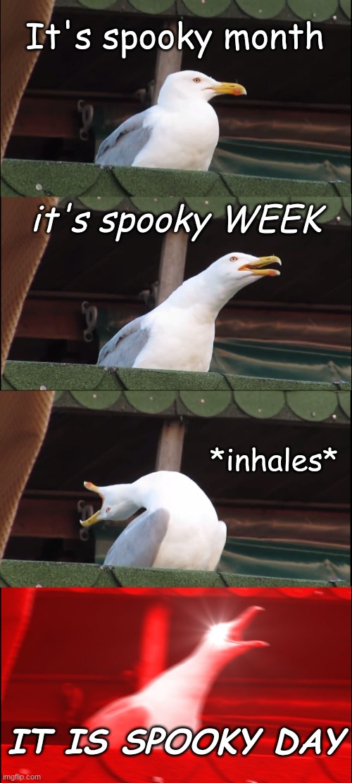 Spooky morning people! | It's spooky month; it's spooky WEEK; *inhales*; IT IS SPOOKY DAY | image tagged in memes,inhaling seagull,spookyday,my goodness what an idea why didn't i think of that,lol | made w/ Imgflip meme maker