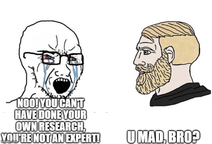 Soyboy Vs Yes Chad | NOO! YOU CAN'T HAVE DONE YOUR OWN RESEARCH, YOU'RE NOT AN EXPERT! U MAD, BRO? | image tagged in soyboy vs yes chad | made w/ Imgflip meme maker