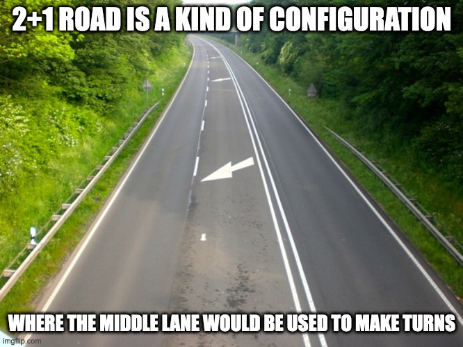 2+1 Road | 2+1 ROAD IS A KIND OF CONFIGURATION; WHERE THE MIDDLE LANE WOULD BE USED TO MAKE TURNS | image tagged in memes,road | made w/ Imgflip meme maker