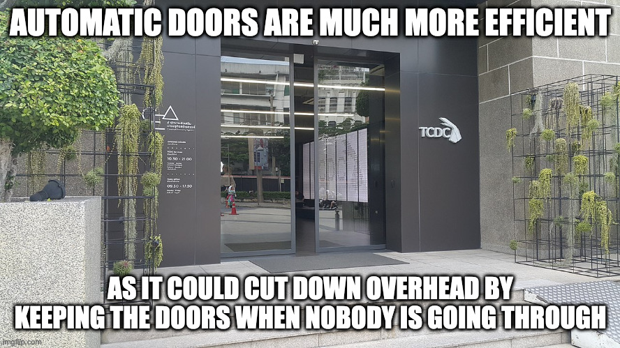 Automatic Door | AUTOMATIC DOORS ARE MUCH MORE EFFICIENT; AS IT COULD CUT DOWN OVERHEAD BY KEEPING THE DOORS WHEN NOBODY IS GOING THROUGH | image tagged in door,memes | made w/ Imgflip meme maker