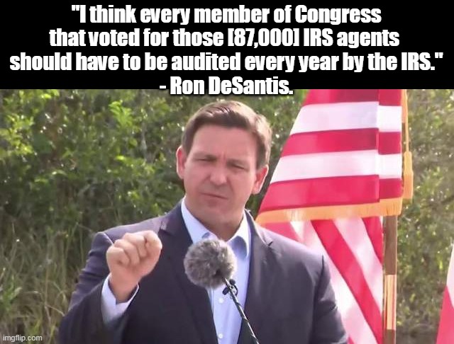 87,000 armed IRS agents. | "I think every member of Congress that voted for those [87,000] IRS agents 
should have to be audited every year by the IRS."
- Ron DeSantis. | image tagged in florida governor ron desantis,future,president,democrats,corrupt | made w/ Imgflip meme maker