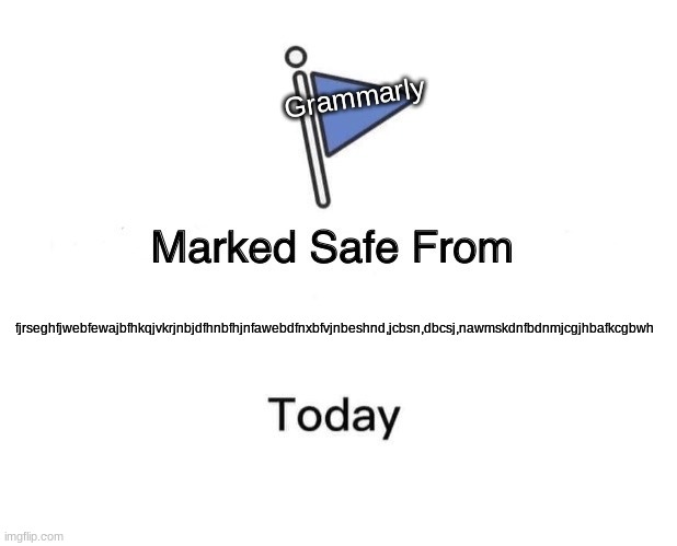 Marked Safe From | Grammarly; fjrseghfjwebfewajbfhkqjvkrjnbjdfhnbfhjnfawebdfnxbfvjnbeshnd,jcbsn,dbcsj,nawmskdnfbdnmjcgjhbafkcgbwh | image tagged in memes,marked safe from,grammarly | made w/ Imgflip meme maker