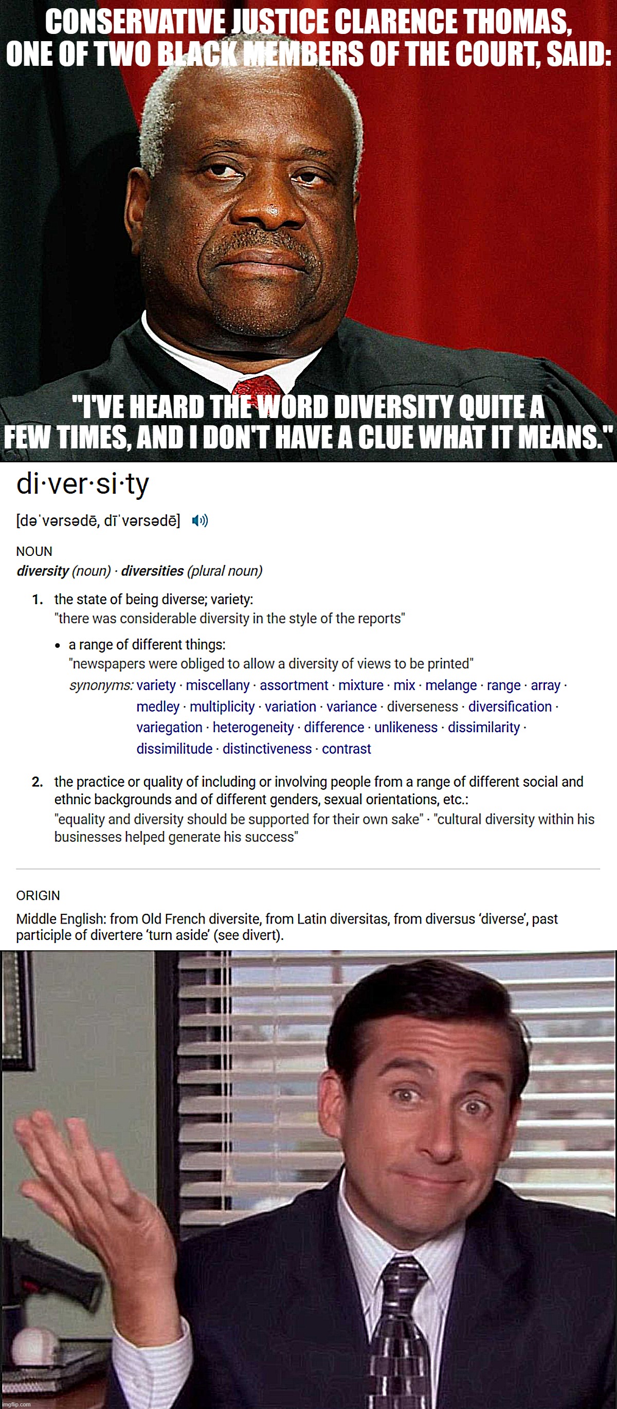 The word "diversity" has Latin roots with an origin in Middle English. Originalist enough for you? | CONSERVATIVE JUSTICE CLARENCE THOMAS, ONE OF TWO BLACK MEMBERS OF THE COURT, SAID:; "I'VE HEARD THE WORD DIVERSITY QUITE A FEW TIMES, AND I DON'T HAVE A CLUE WHAT IT MEANS." | image tagged in clarence thomas,diversity definition,michael scott | made w/ Imgflip meme maker