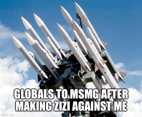 Missles or sth | GLOBALS TO MSMG AFTER MAKING ZIZI AGAINST ME | image tagged in missles or sth | made w/ Imgflip meme maker