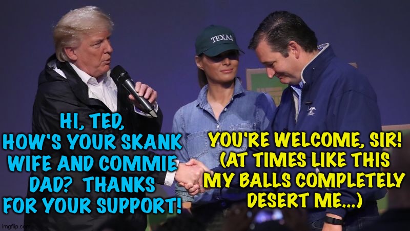 Ted Cruz, the ultimate ass-kisser | YOU'RE WELCOME, SIR!

(AT TIMES LIKE THIS MY BALLS COMPLETELY DESERT ME...); HI, TED, HOW'S YOUR SKANK WIFE AND COMMIE DAD?  THANKS FOR YOUR SUPPORT! | image tagged in donald trump,ted cruz | made w/ Imgflip meme maker