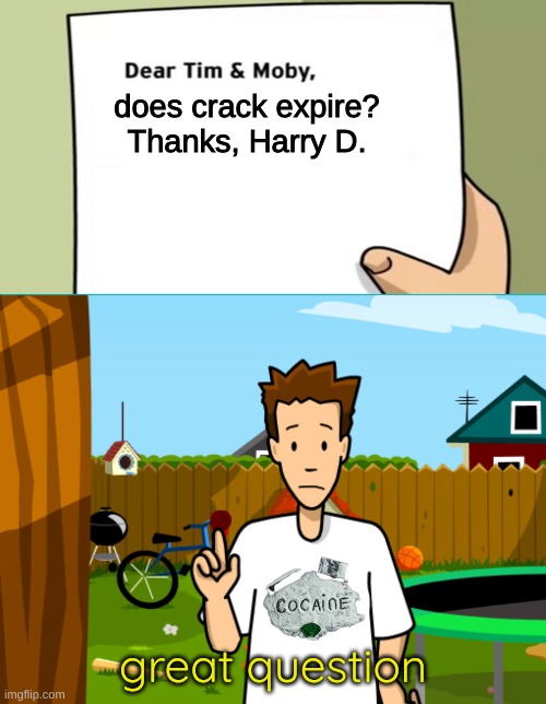 Dear Tim and Moby | does crack expire?

Thanks, Harry D. great question | image tagged in dear tim and moby | made w/ Imgflip meme maker